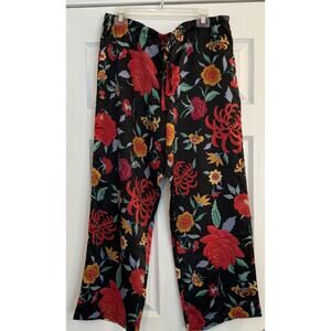 Natori Womens LG Satin Sleep Pants Black Floral Vibrant Wide Leg Tropical Flowy